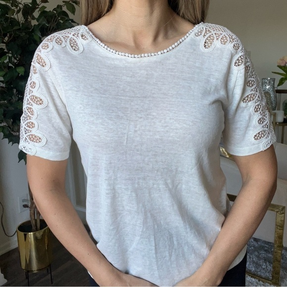 Sandro Paris White Short Embroidered Lace Sleeves Crew Neck Size L - Picture 4 of 13